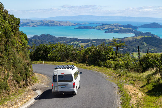 A van on the road between Kennedy Bay and Coromandel Town on the Coromandel Peninsula, New Zealand
