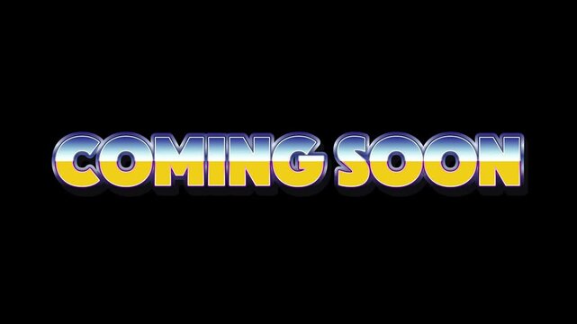 Vibrant retro 'Coming Soon' text with metallic chrome and radiant gold effect against a dark background, perfect for announcing upcoming launches or exciting events
