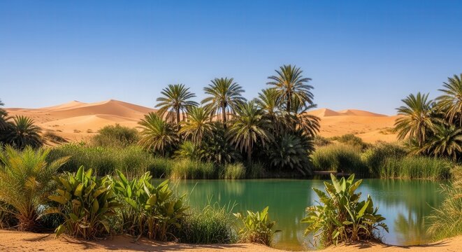 Serene Oasis with Green Palm Trees and Desert Dunes Under Clear Blue Sky