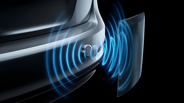 Close up of car rear bumper sensor emitting blue detection waves against barrier