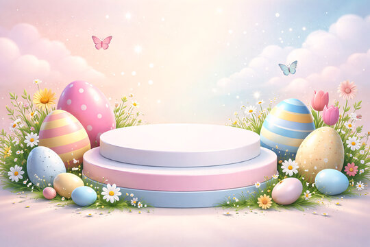 A pastel podium is surrounded by decorated Easter eggs and spring flowers.