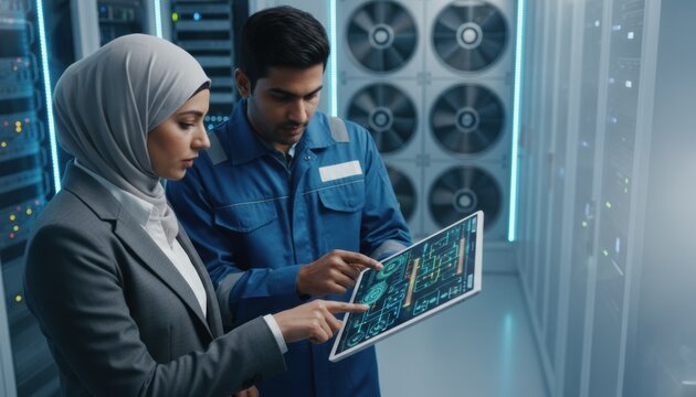 Tech Professionals Review Data: Focused tech specialists analyze intricate data within a modern server room, working in synergy to troubleshoot.
