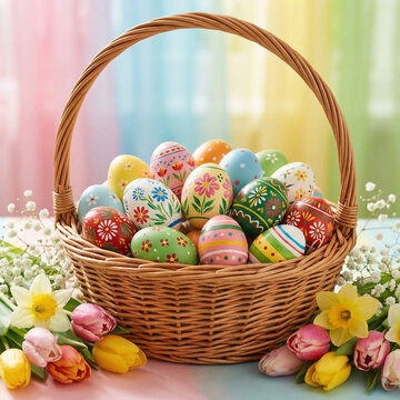 A woven basket overflows with beautifully decorated Easter eggs and flowers.