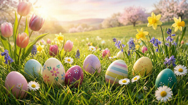Colorful Easter eggs lie scattered among wildflowers in a sunny meadow.