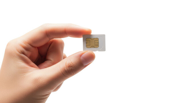 Hand holding small white plastic sim card with gold electronic chip isolated on white background