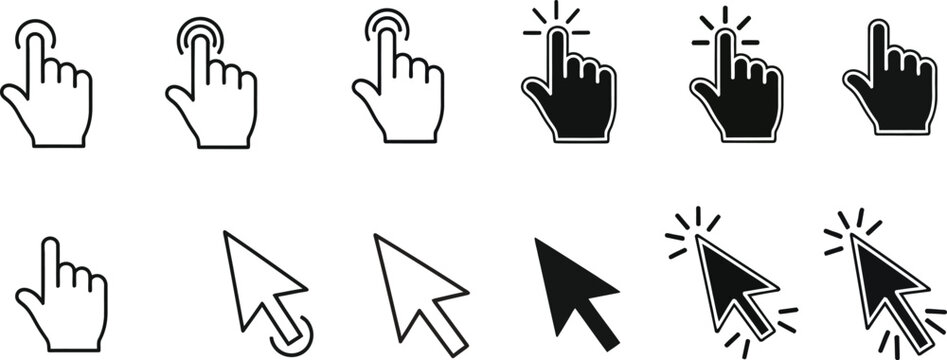Computer mouse cursors and hand pointer icons in various states