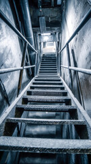 Fototapeta premium Industrial Metal Staircase Ascending Inside Dark Building with Cold Fluorescent Light