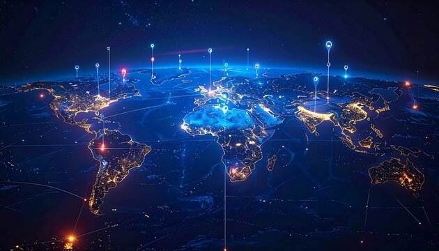 A glowing blue and orange map of the world at night