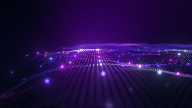 Vertical bstract digital landscape with glowing purple data network and topographic wireframe lines on dark background.