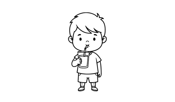 Little boy drinking milk with straw line art vector illustration kids nutrition concept