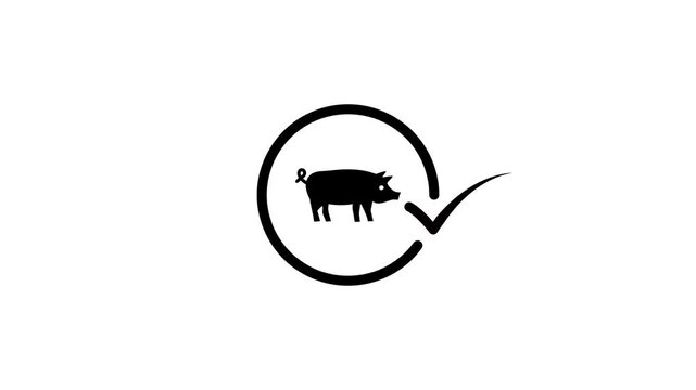 Minimalist animation of pig silhouette inside circle with checkmark representing quality assurance and food standards