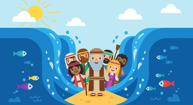 Moses Parting the Red Sea Biblical Exodus Story Passover Religious Illustration