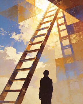 Person looking at ladder reaching bright sky representing dreams ambition and new opportunities