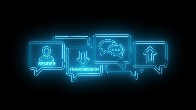 Neon-lit graphic design of interconnected speech bubbles with icons on a black background, conveying communication and technology.