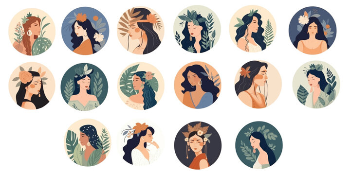 Minimal bohemian flat vector set of women with botanical leaves. Soft colors, modern feminine illustration for wellness, beauty, lifestyle and social media design