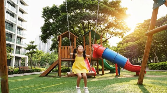Joyful young girl on swing smiling at outdoor playground with sunlight beaming through trees and residential background
