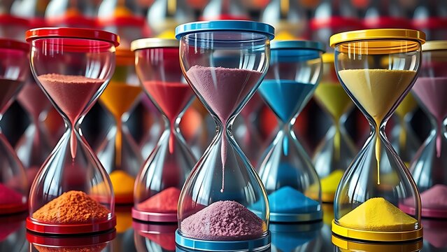Colorful overlapping hourglasses with upward-flowing sand, depicting the unique perception of time in ADHD.