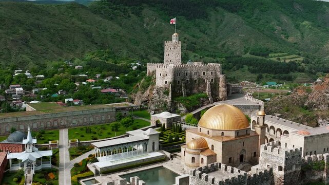 Cinematic aerial drone footage of Rabati Castle, a historic fortress complex located in Akhaltsikhe, Georgia.