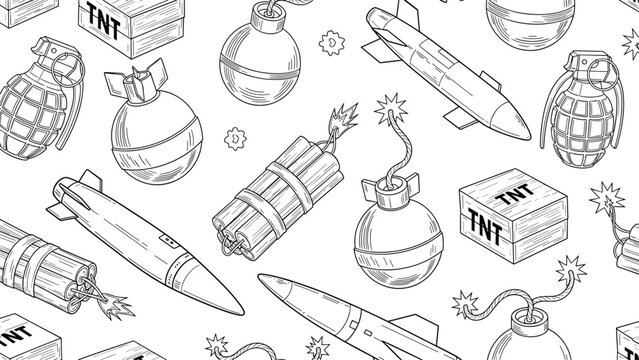 Intricate seamless pattern showcasing various explosive devices like bombs, grenades, dynamite, and missiles in a detailed line art style.