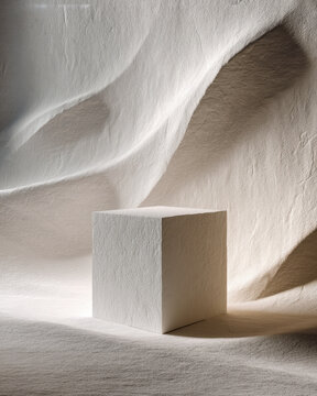 Minimalist white cube sculpture on pedestal in bright modern gallery space with textured walls
