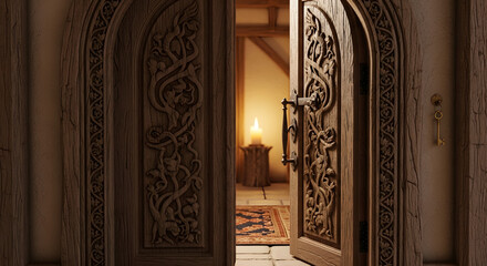 An ancient wooden door with gold decorations forms the ornate entrance to a traditional Thai temple building featuring antique stone architecture and detailed carvings