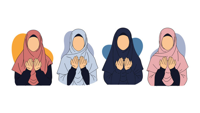 Four diverse Muslim women, adorned in various colored hijabs, engage in solemn prayer or supplication with raised hands.