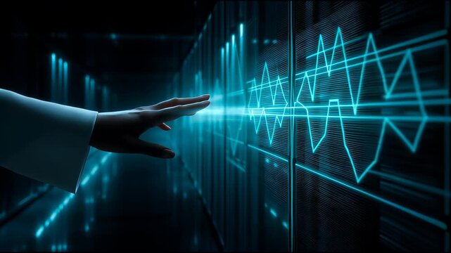 A hand, clad in a white lab coat, extends its index finger towards a glowing blue screen.