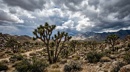Dramatic Joshua Tree Landscape Under a Stormy Sky.