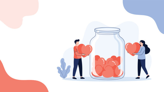 Man and woman gently place vibrant hearts into a large glass jar, symbolizing acts of profound love, selfless charity, and generous donations.