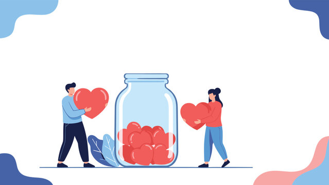 Man and woman gently place vibrant hearts into a large glass jar, symbolizing acts of profound love, selfless charity, and generous donations.