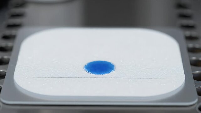 Close up Chromatography Spotting on TLC Plate Blue Liquid Droplet Application Scientific Experiment Laboratory Research