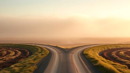 Fototapeta premium A conceptual crossroads splitting in two directions, symbolic path choice.