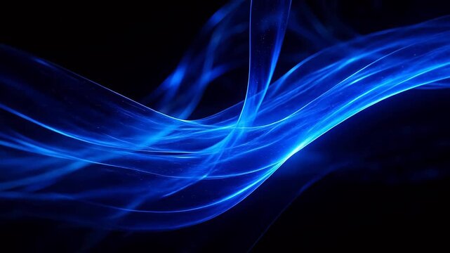 Abstract blue glowing ribbons intertwining in dark technology background