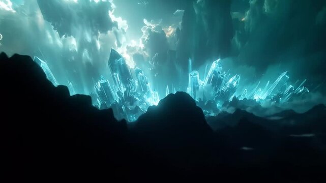 Abstract crystalline structures illuminated aerial view