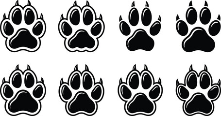 Fototapeta premium Set of four black paw print icons arranged in a grid pattern for animal-themed designs