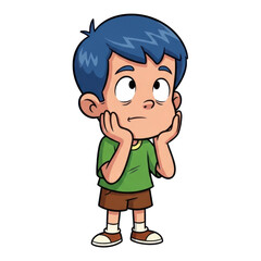 Obraz premium Curious young boy thinking with hands on his head in a casual pose isolated on transparent background