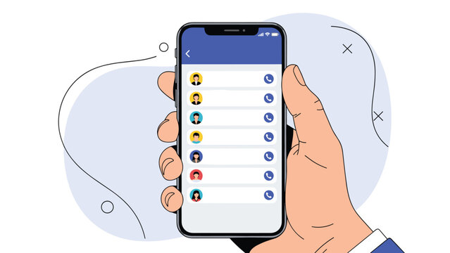 Hand holds a smartphone displaying a contact list with call icons, symbolizing communication, phone calls, and mobile networking.