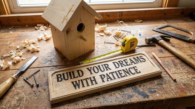 Woodworking Workbench with Birdhouse and Inspirational Sign
