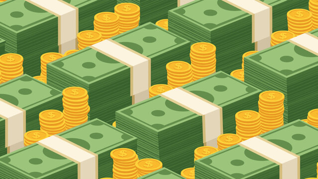 Seamless pattern featuring abundant stacks of cash bundles and golden coins, symbolizing wealth, financial prosperity, and banking.