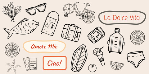 Italian themed doodles featuring travel items and summer motifs © KumariKamona