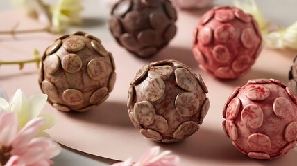Obraz premium Chocolate truffles with floral pattern on pink background