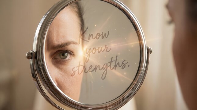 Woman Gazes Into Mirror Reflecting "Know Your Strengths"