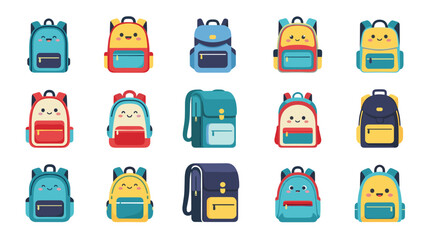 Collection of various colorful cartoon school backpacks, featuring cute designs and some with adorable facial expressions, perfect for children.