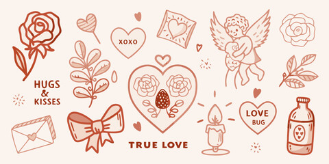 A collection of hand drawn romantic illustrations and valentine s day themed items
