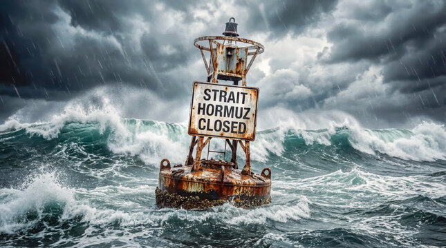 Stormy waves crash around a buoy marked with a warning sign in the Strait of Hormuz