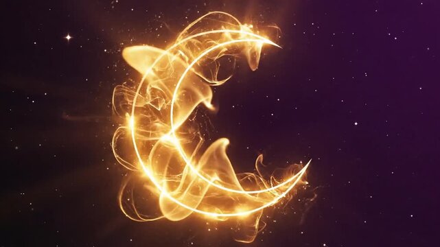 Golden crescent moon shape with bright luminous trails and stars in space