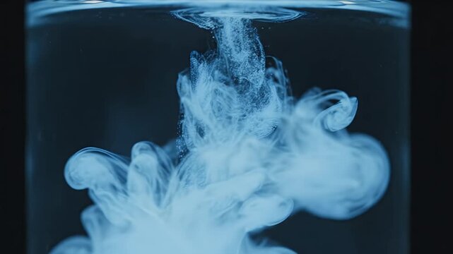 Close Up of White Liquid Reaction Forming Smoke Like Particles in Clear Liquid with Dark Background