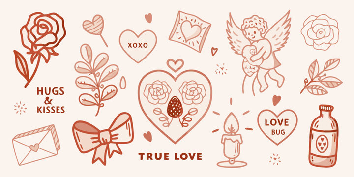 A collection of hand drawn romantic illustrations and valentine s day themed items
