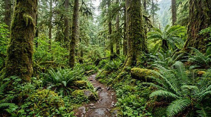 Obraz premium Lush Green Forest Path with Towering Trees and Ferns.