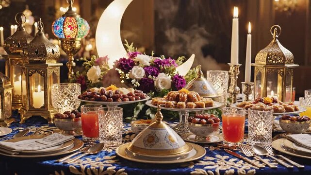 Festive Iftar table with dates, sweets, lanterns and glowing moon